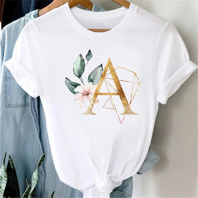 Name Letter Combination Women T Shirt Floral Gold Letter Font A B C D Print Short Sleeve Tee Tops Female T-shirt Clothes Shirts