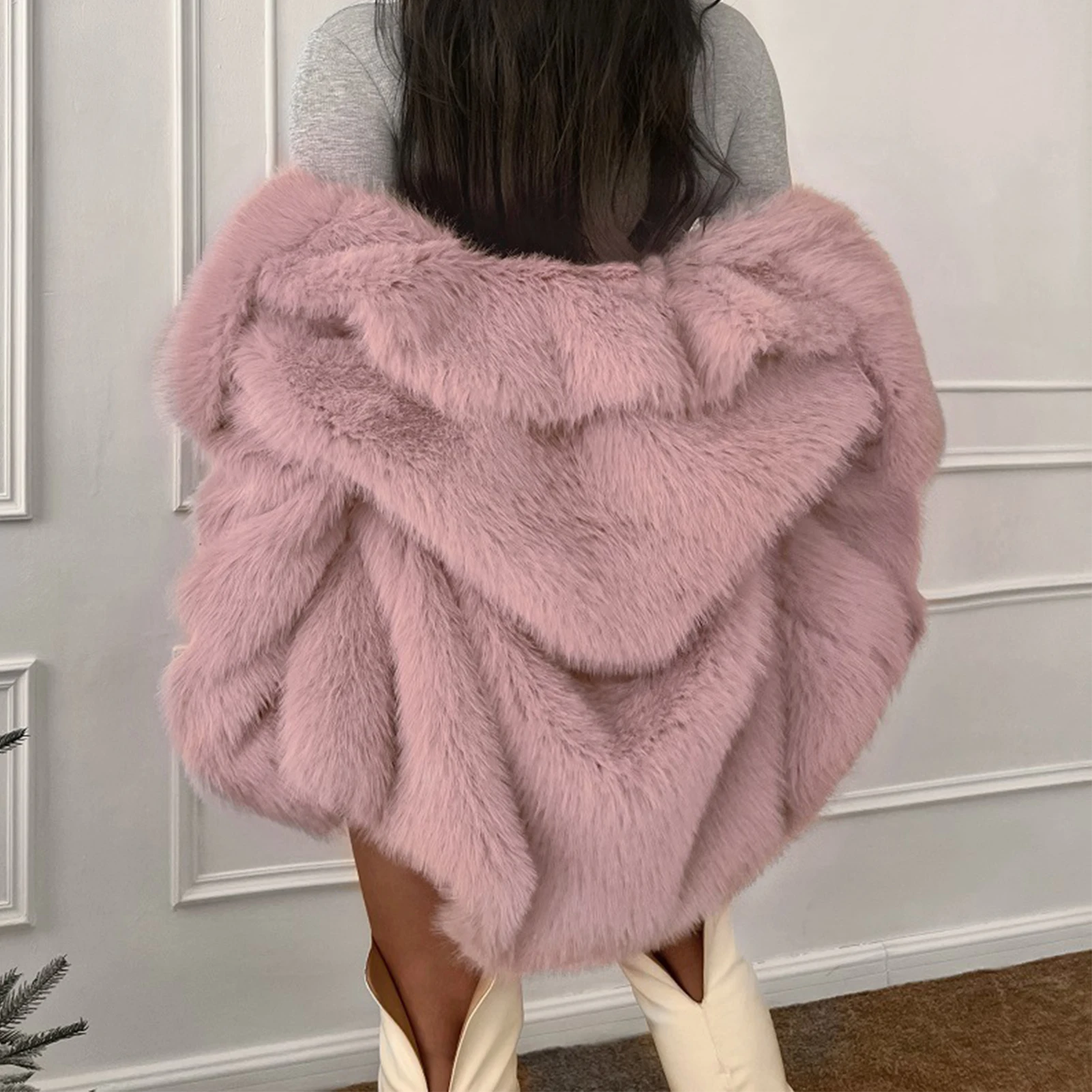 Winter Coats for Women High Street Luxury Mid Long Faux Fox Fur Fluffy Jackets Outerwear