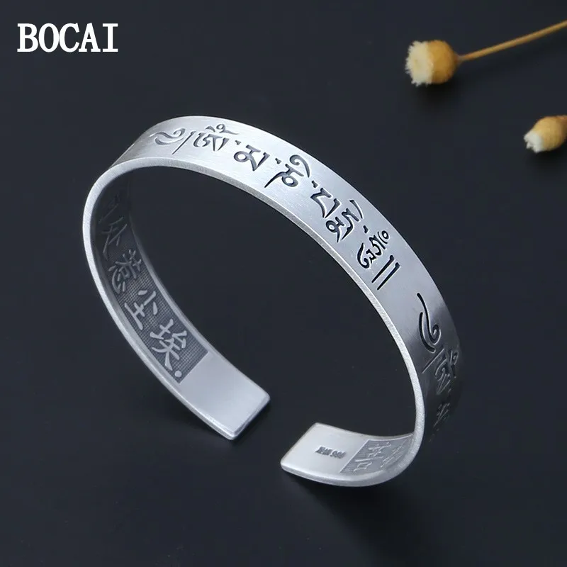 BOCAI New S999 Sterling Silver Retro Grand Tibetan Six Character Mantra Buddhist Scriptures Opening Bracelet Male and Female