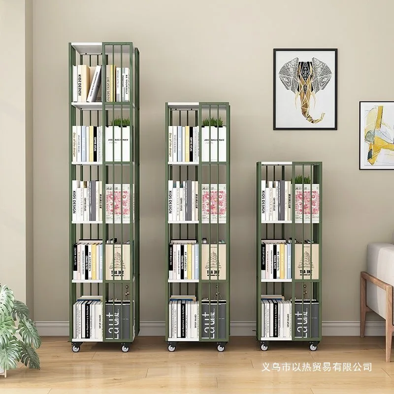 Mobile bookshelf Rotating simple bookshelf with wheel storage Household 360 wrought iron corner floor bookcase shelf
