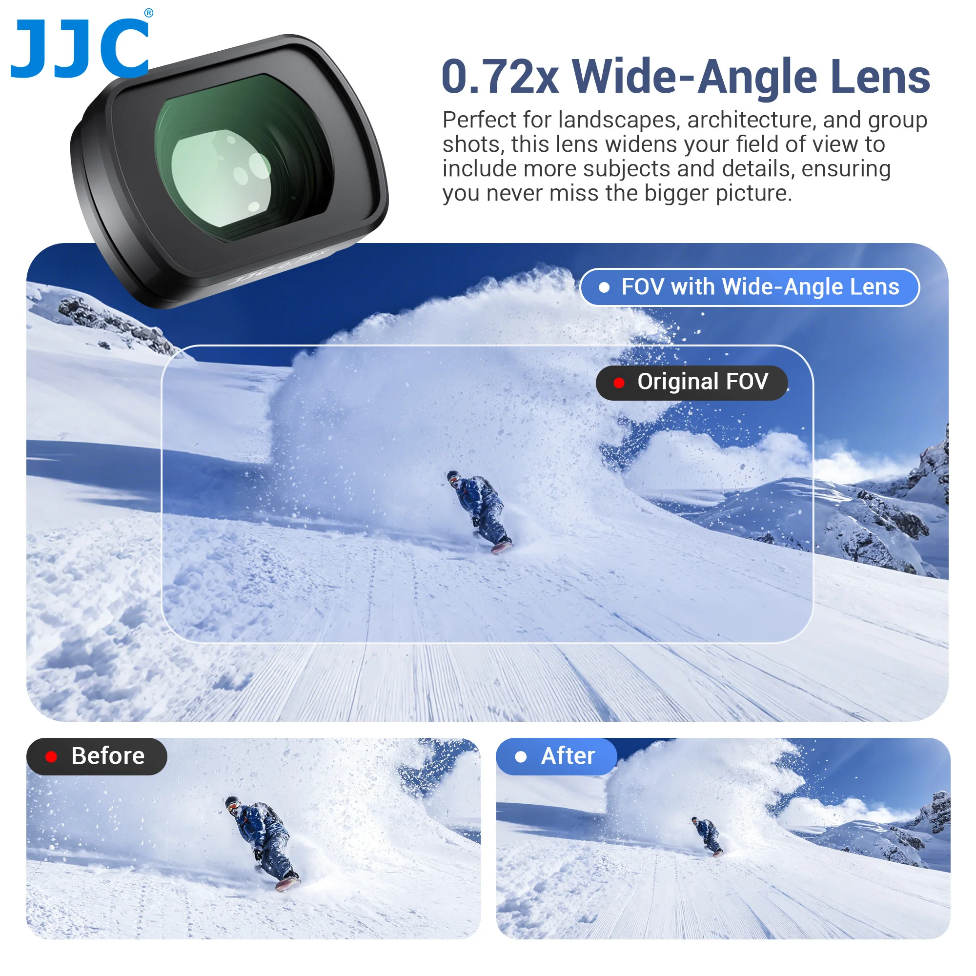 JJC 0.72X فلتر عدسة مغناطيسي واسع الزاوية لـ DJI Osmo Pocket 3، مرفق مغناطيسي/زجاج بصري متعدد المطلي