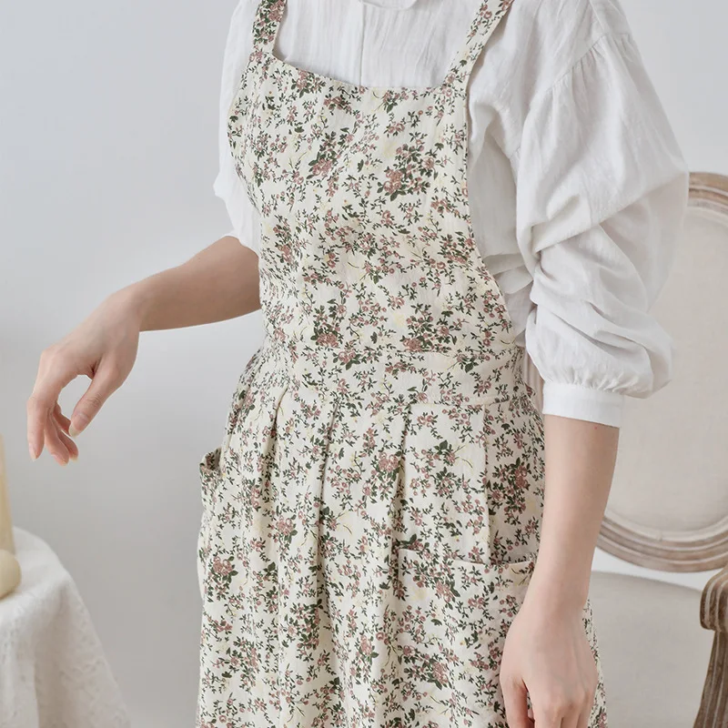 Cotton Waterproof Printing Apron Women Cross Back Apron Pinafore Dress for Kitchen Baking Cooking Gardening Coffee Florist