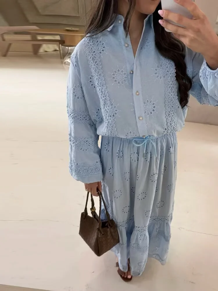 

2025 праздничный стиль, весенне-осенний женский костюм, кружевная рубашка с вышивкой и лацканами, рубашка с длинными рукавами + свободная юбка, костюм из двух предметов