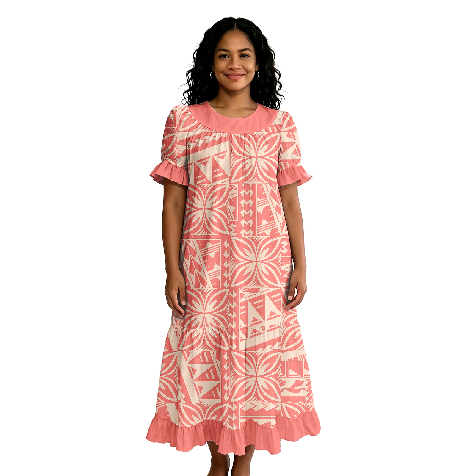 Popular Custom Ruffles Sleeve Polynesia Tribal Style Plus Size Party Beach Dress Hawaiian Hibiscus Design Samoan Dress for Women