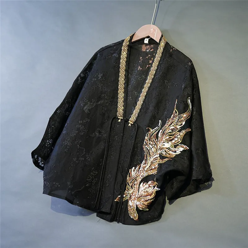 High Quality Sequined Beading Loose Black Jacket Women Lace Hollow Out Long Sleeve Breathable Chinese Coat Thin