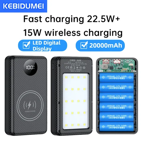 6*18650 20000mAh Power Bank Case 22.5W Fast Charging 15W Wireless Charging Mobile Power Bank Housing Battery Holder For Phone