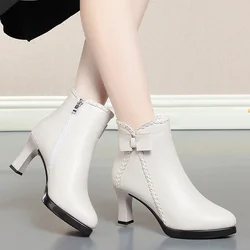 Autumn Women's Platform Shoes New Plus Velvet Stiletto Heel Heeled Ankle Boots Winter Keep Warm Bow Tie Short Boots