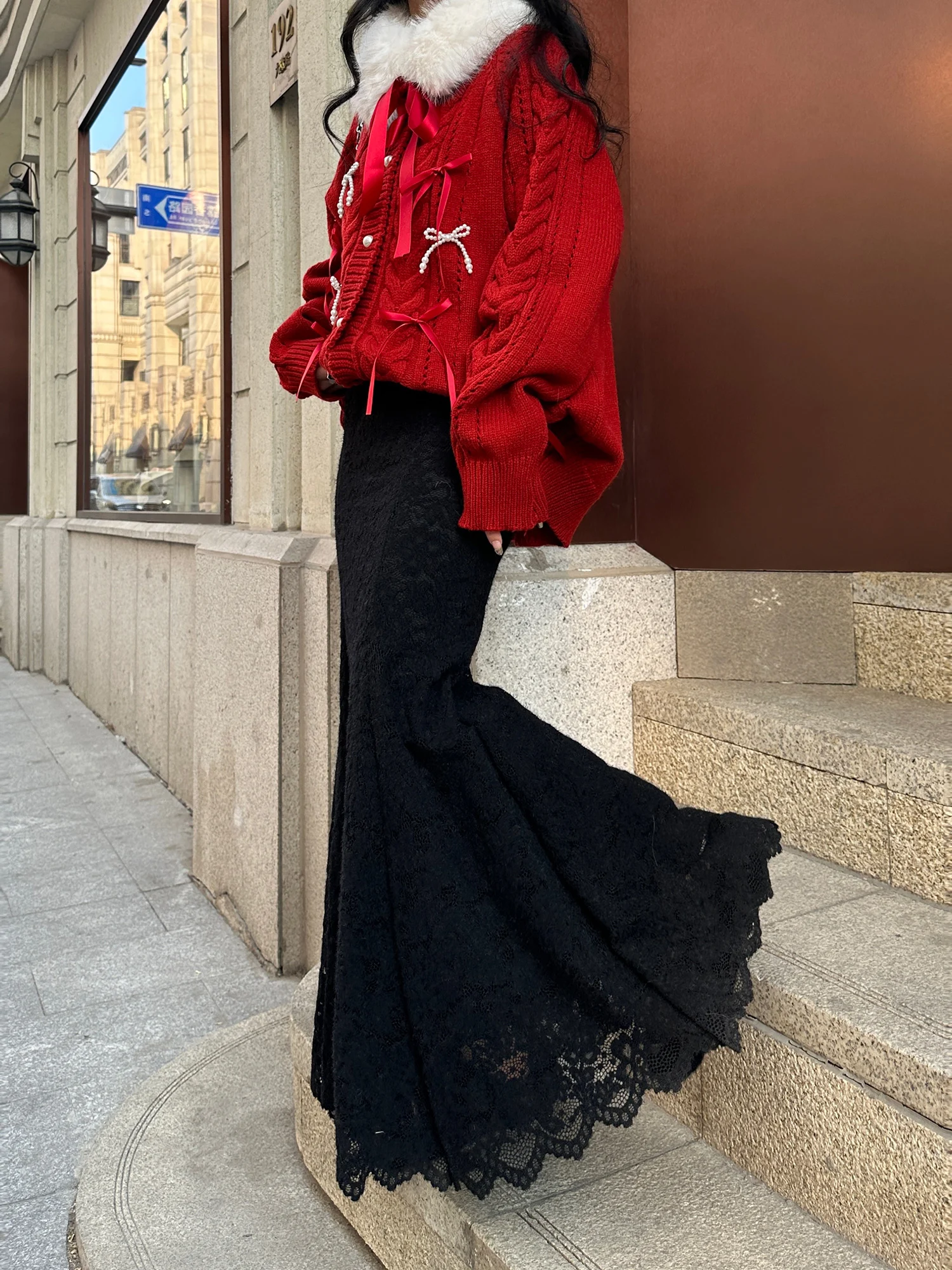 

Romantic Bla Lace High Waist Fi Tail Midi Skirt Women's plus Size Thiened Slimming Ele Versatile f-length Skirt