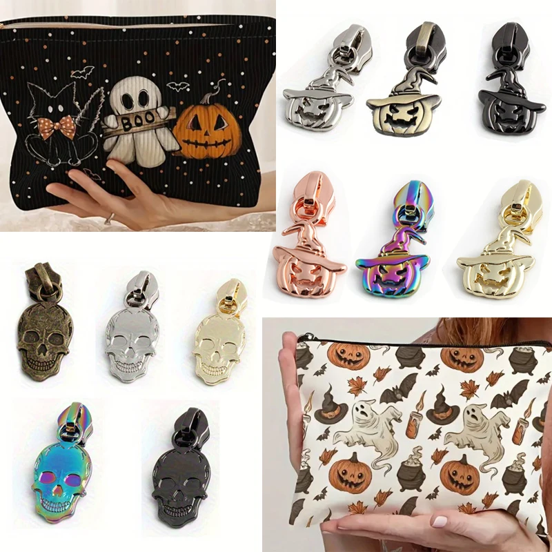 5PCS 5# Nylon Halloween Series Metal Wallet Cosmetic Bag Zipper Puller Pumpkin Spider Web Skull Clothes Puller Sliders