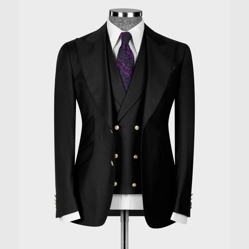 Classic Gold Button Black Men's Suit  for Wedding Groom Full 3pcs Blazer Vest Pants Formal Business Wear Male Suits