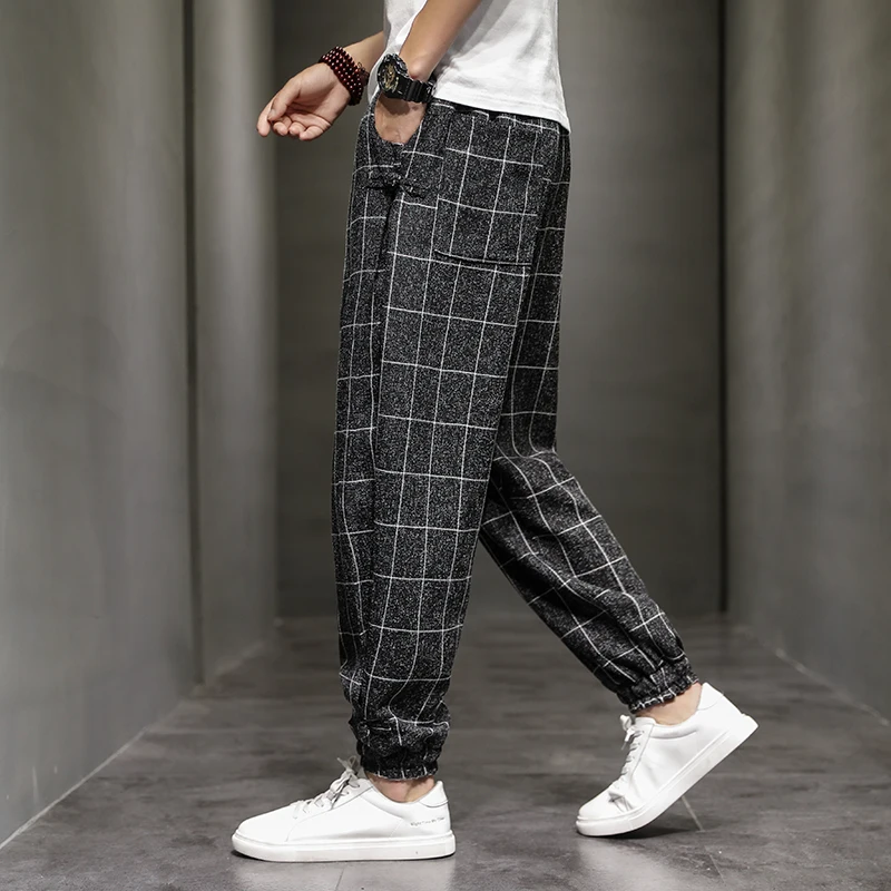 Męskie spodnie w kratę z bawełny i lnu na wiosnę i lato, luźne spodnie młodzieżowe, długość 7/8, z mankietami, typu harlan, duży rozmiar, modne.