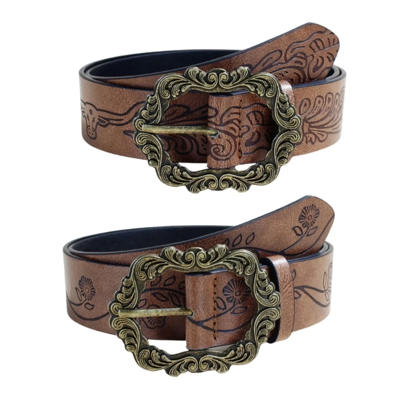 

652F Vintage Waist Belt for Jeans Pants Embossing Flower Pattern PU Belt for Men Women Casual and Theme Party Waist Accessory