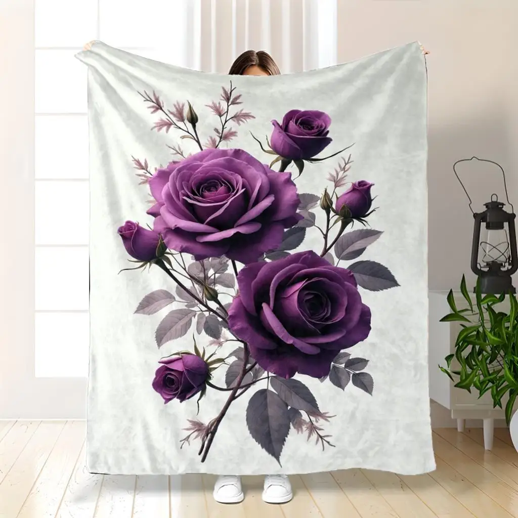 بطانية وردية أرجوانية فاخرة - رمي ديكور أريكة ناعم مطبوع عليه زهور