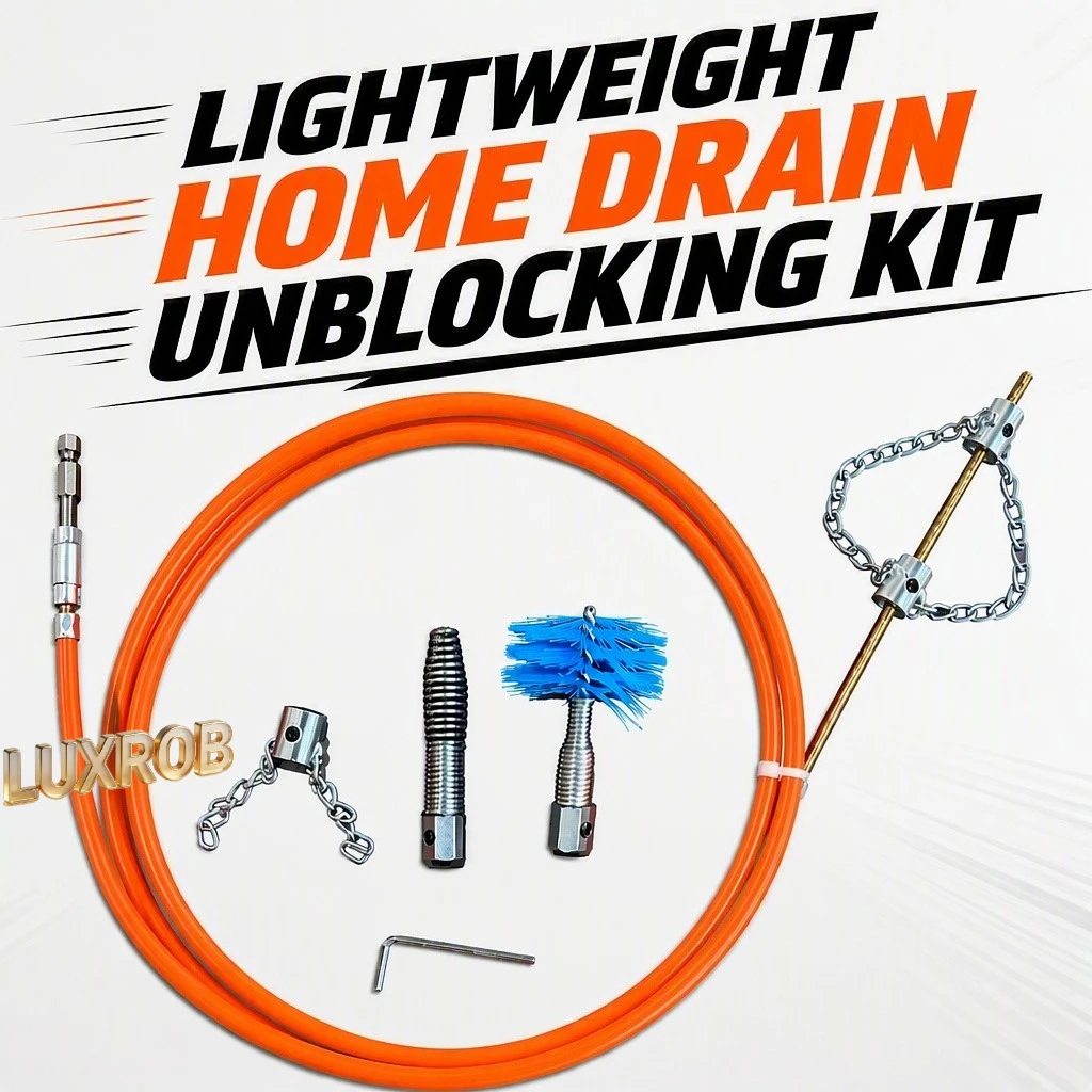 LUXROB Sewer Drain Auger Unblock Kit 5mm Solid Soft Shaft 8mm PE Tube Drill Use 4 Heads For Household Pipe Clog Dredging Tool