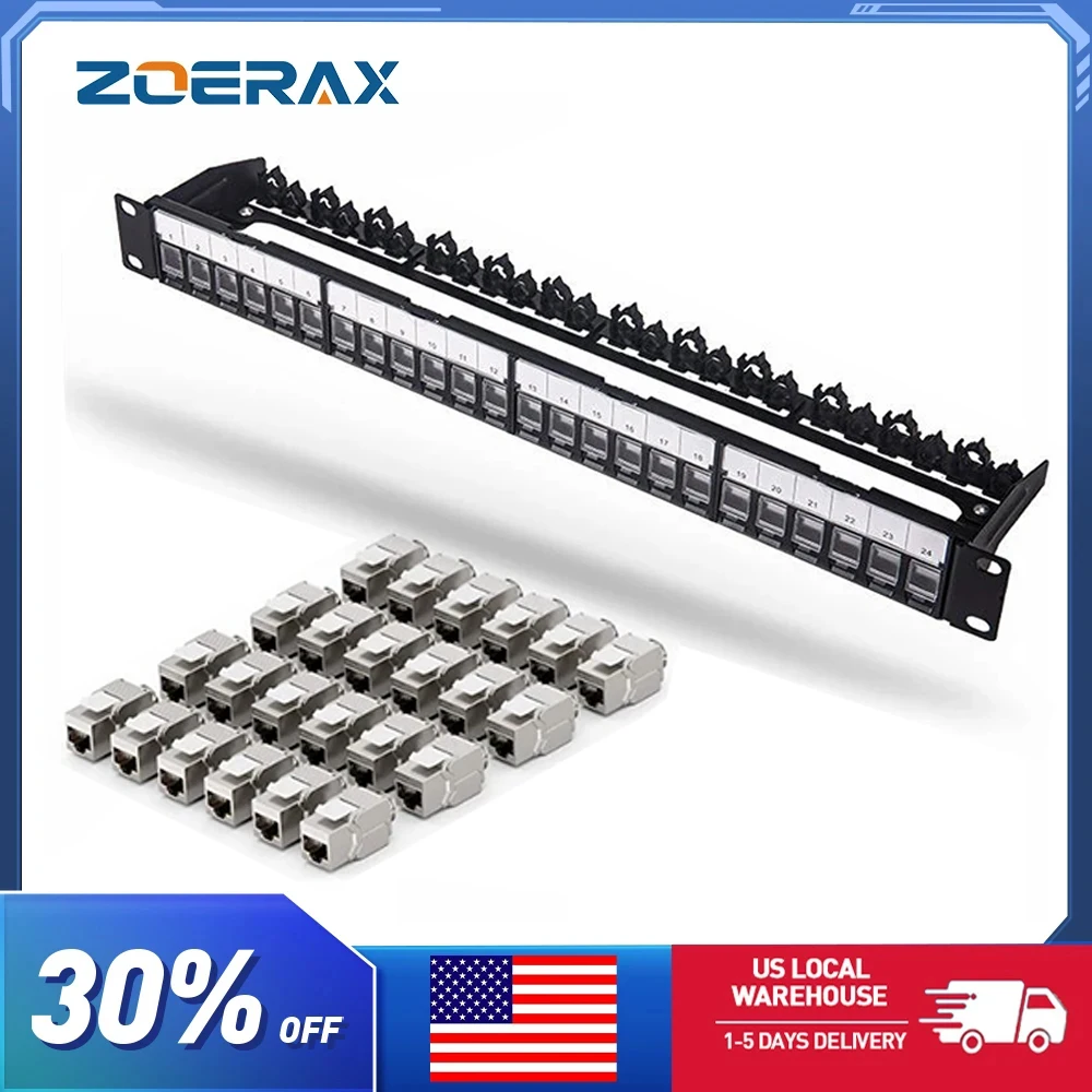 

ZoeRax 24-Port Shielded Network Patch Panel RJ45 with Jack Shutter and Cable Management Bar for Keystone Jack/Coupler