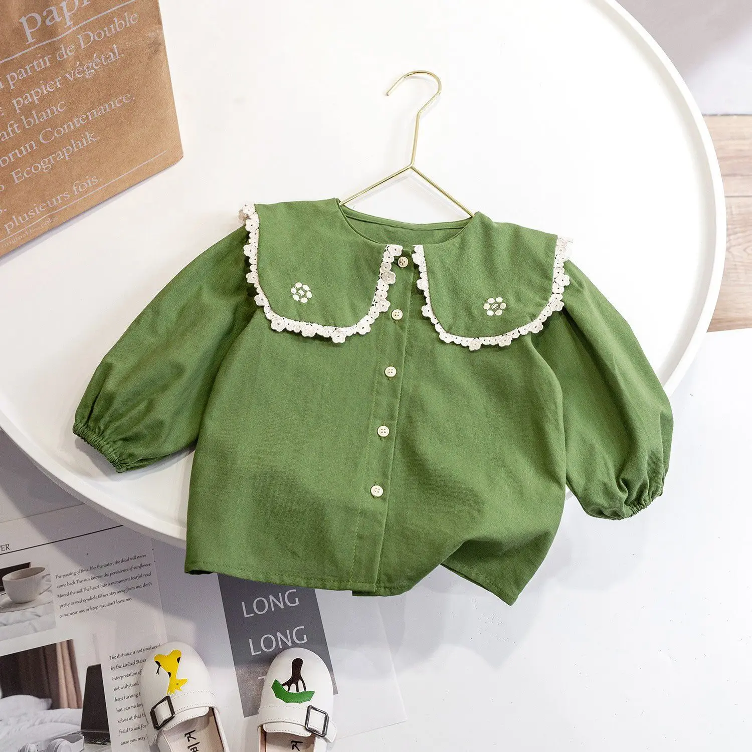 

Girl's Shirt Children's Floral Doll Collar Top Baby Girl's Spring Autumn Children's Korean Version Green Shirt Princess Style