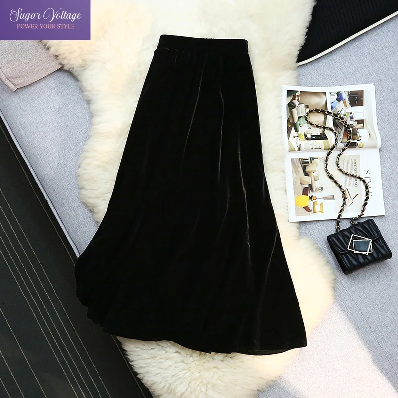 

Винтажная бархатная юбка-миди для женщин 202, осень-зима, расклешенная юбка трапециевидной формы с высокой талией и разрезом, элегантный наряд средней длины для похудения
