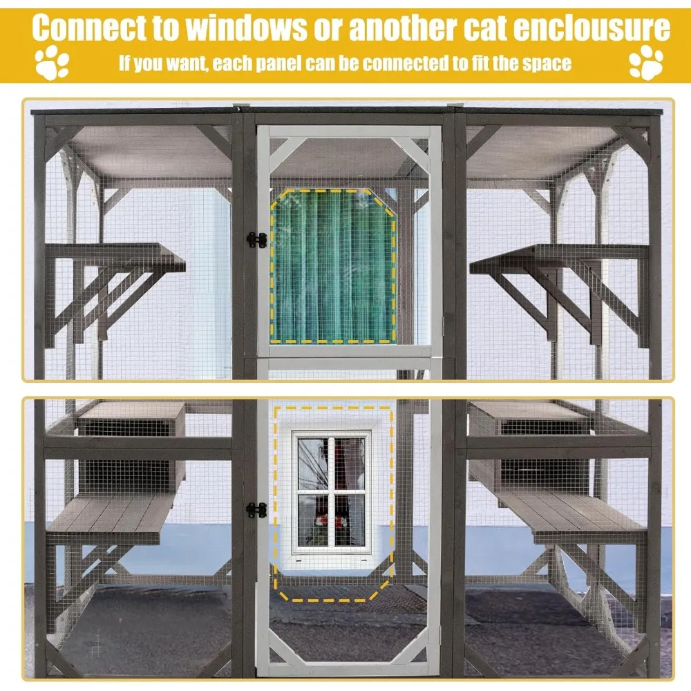 Outdoor Catio Cat Enclosures - Wooden Cat House Weatherproof with Multi Platforms & Lounge Boxes, Indoor Interoperability