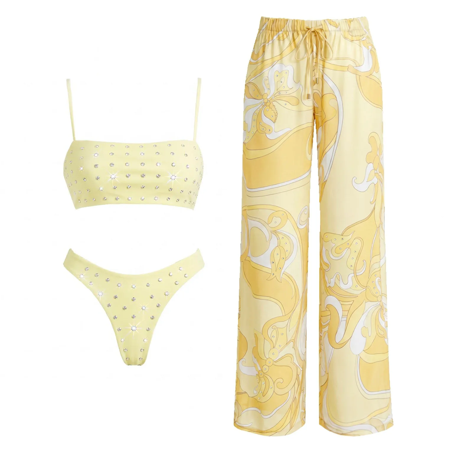 3Pc Diamond Swimsuit With Pants Women Sexy Bikini Push Up Swimwear Feamle Bandeau Biquini Yellow Swim Suit Beachwear Bathingsuit