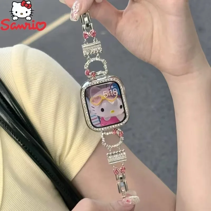 With Drill Hello Kitty 38/40/41mm Watch Strap Cartoon Girl'S Heart Suitable Iwatch 42/44/45/49mm Watch Case Girls Gift