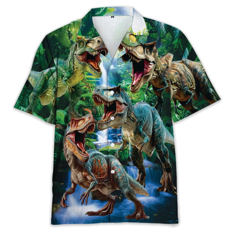 Hip Hop Dinosaur 3D Printed Hawaiian Beach Shirt Funny Animal Shirts For Men Clothes Fashion Tyrannosaurus Lapel Blouse Boy Tops