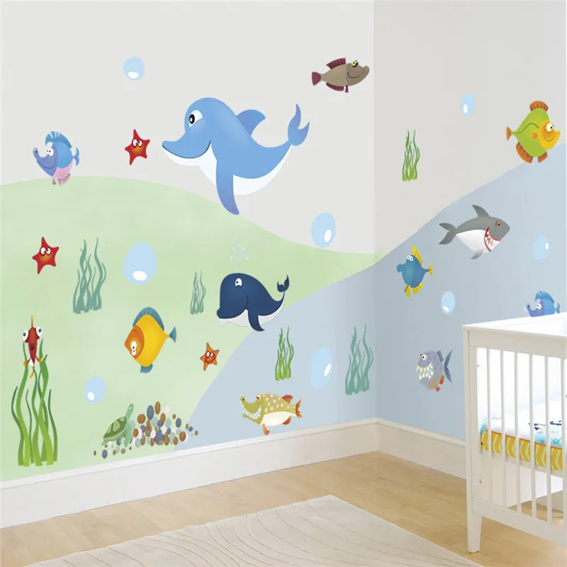 Cartoon Whale Shark Turtle Fishes Sealifes Wall Sticker For Kids Room Bathroom Home Decoration Diy Animal Mural Art Pvc Decal