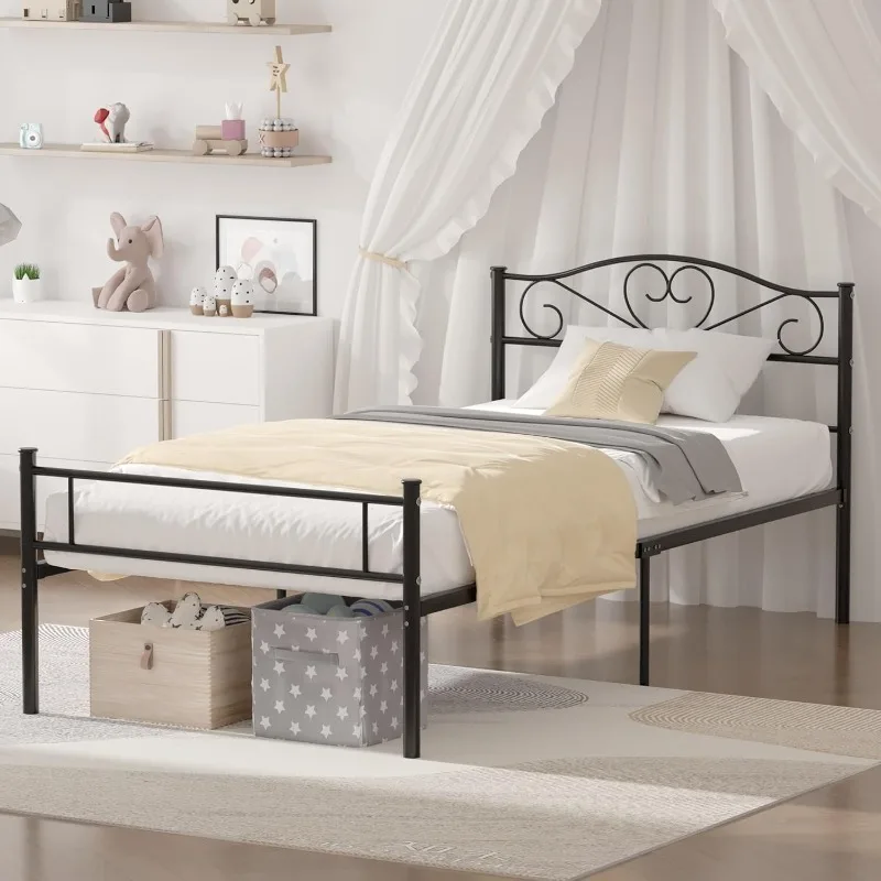 Metal Platform Bed Frame with Headboard & Footboard, Steel Slats Mattress Foundation, No Box Spring Needed, Twin