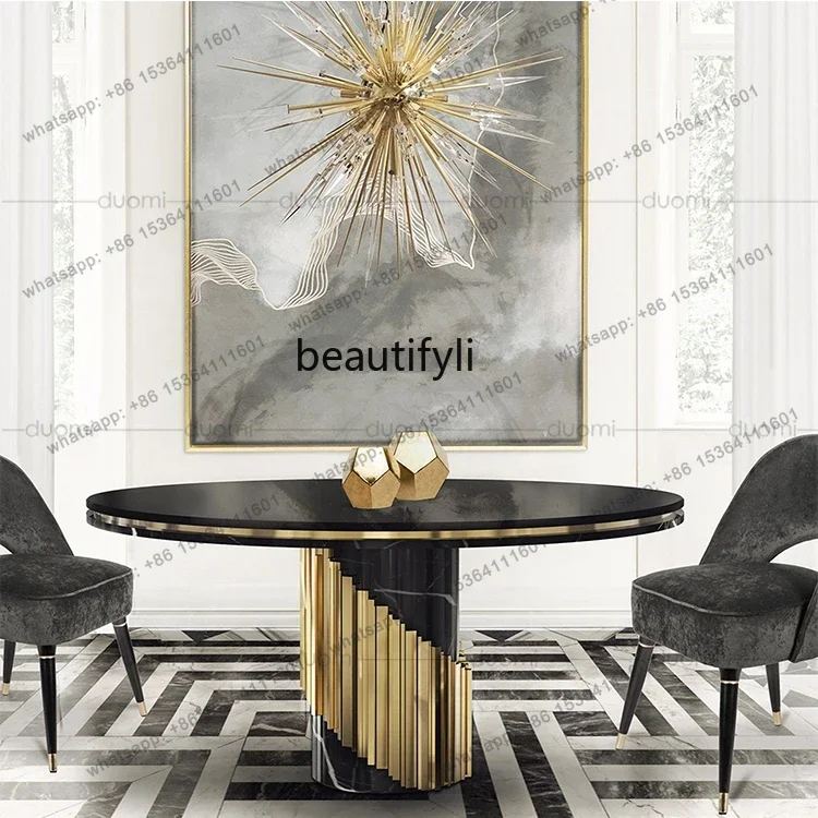 

Post-Modern Hong Kong Style Light Luxury Stainless Steel round Dining Table Creative Marble Top round Table furniture