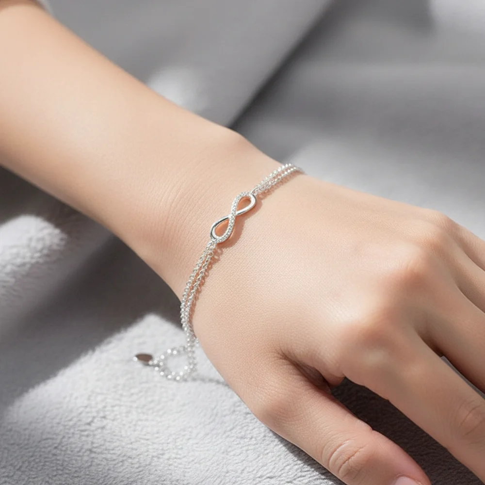 925 Sterling Silver Infinity Bracelet for Women Minimalist Double Layer Chain Design Dainty Zircon Inlaid 8‑Shaped Charm