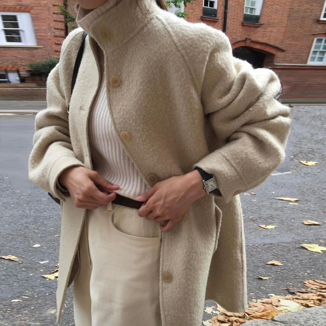 

Retro Ele Turn-down Collar Versatile Single-button Woolen Coat Commute Straight-cut Polyester Fiber High-ne Color