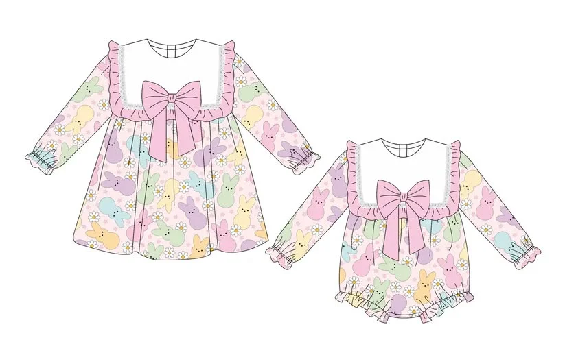 

Collared lace long-sleeved dress with bow decoration Easter bunny print matching romper custom wholesale
