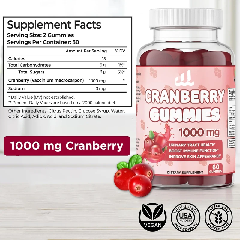 Cranberry Gom Urinegezondheidsgom 1000Mg-Ondersteunt Blaas-, Nier-En Urinewegelementen-Vegetarisch (60 Veenbessen)