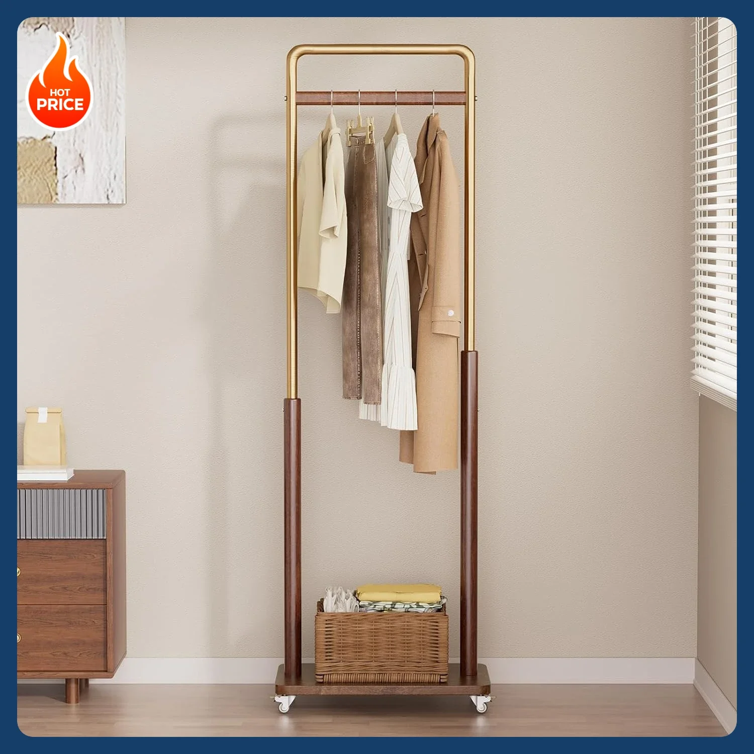 

Вешалка для одежды из массива дерева, комбинированная вешалка для одежды из металла и массива дерева на колесиках для прихожей, спальни, гостиной