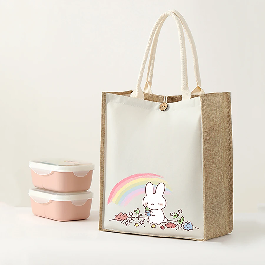 

New cartoon pattern imitation linen fabric lady's tote bag large capacity environmental friendly shopping bag handbag picnic bag