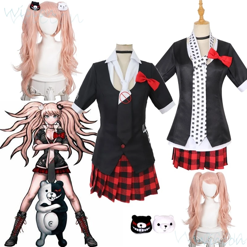 Enoshima Junko DR Anime Cosplay Costume para Mulher, Game Danganronpa, Peruca Rosa, Uniforme Escolar, Prop, Roupa de Halloween, Menina