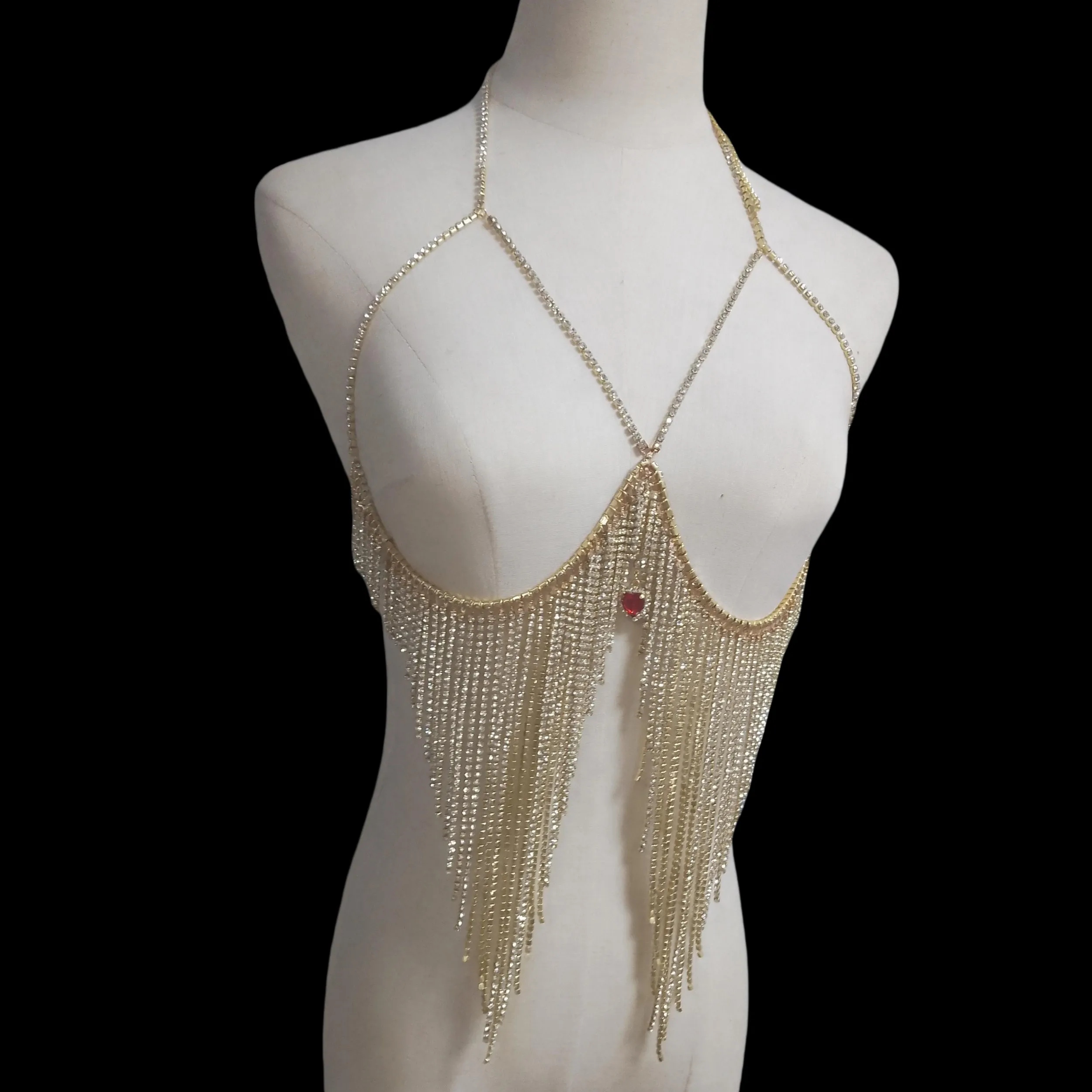 Body Jewelry Woman Crystal Sexy Bikini Bra Chain Tassel Love Type Pendant Night Club Birthday Party Chest Chain