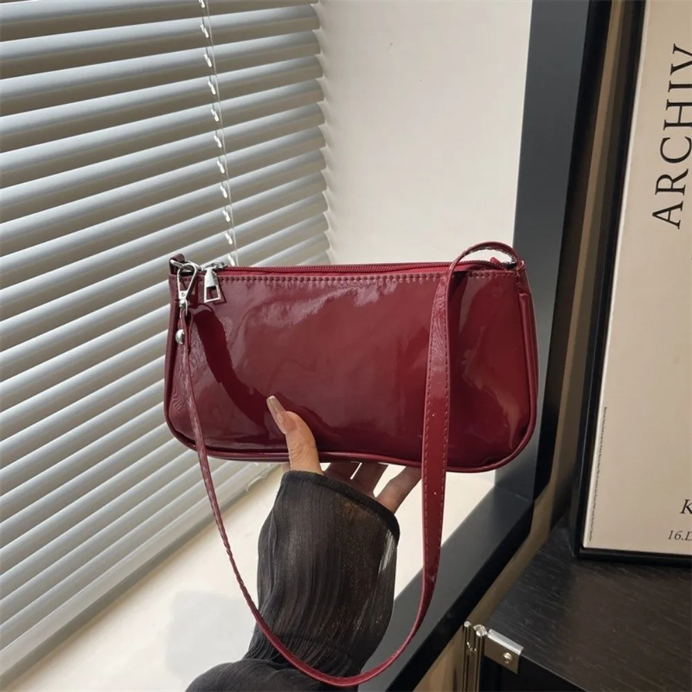 Casual PU Leather Tote Bag Versatile Zipper Closure Underarm Shoulder Bag Glossy Handbag for Women