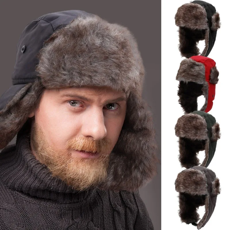 Men's Winter Trapper Aviator Trooper Earflap Warm Thermal Russian Waterproof Ski Hat Bomber Cap Russian Warm Ear Protectors Hats