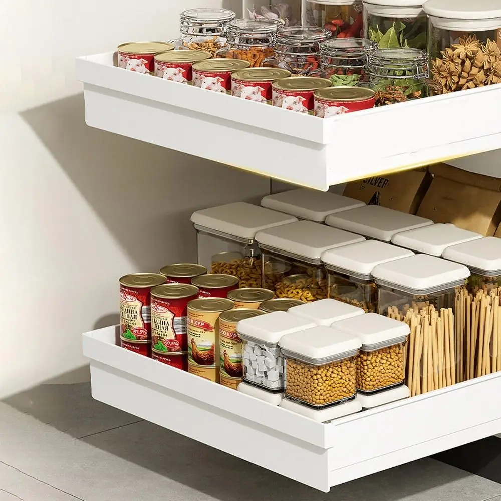 

Pull-out Kitchen Storage Rack Large Capacity Anti-slip Drawer Type Storage Tray with Slide Rails Plastic