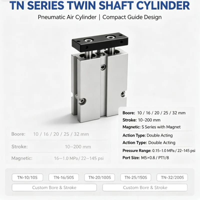 Tn Series Double Acting Twin Rod Cylinder 10/16/20/25/32mm Bore Magnetic Pneumatic Air Cylinder with M5/Pt1/8 Port for Automation