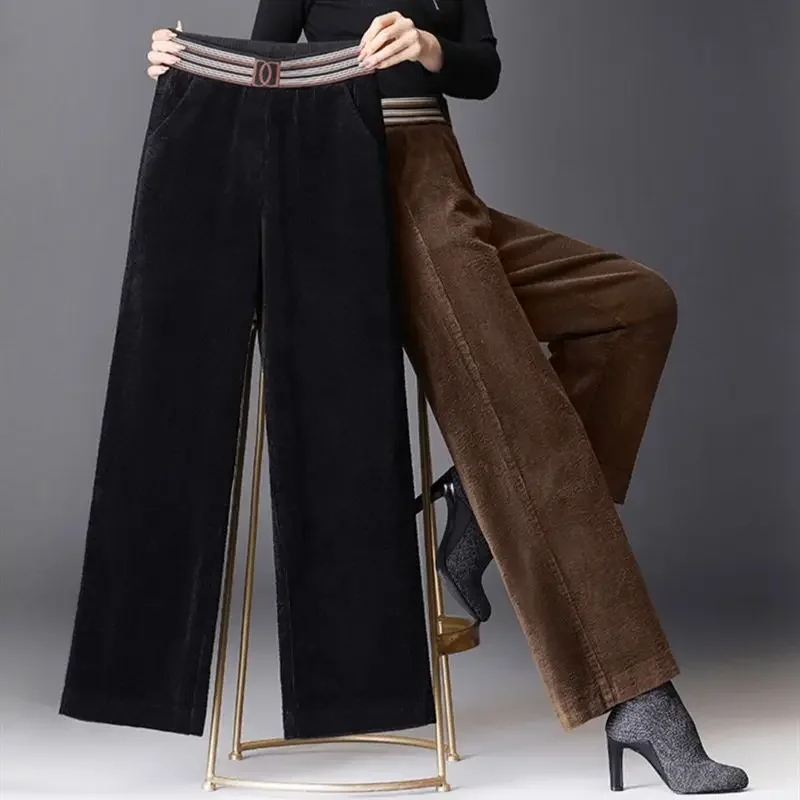 

Autumn Winter Corduroy Warm Straight Pants Vintage Elegant Fashion High Waist Elastic Loose Casual Women Wide Leg Trousers 2024