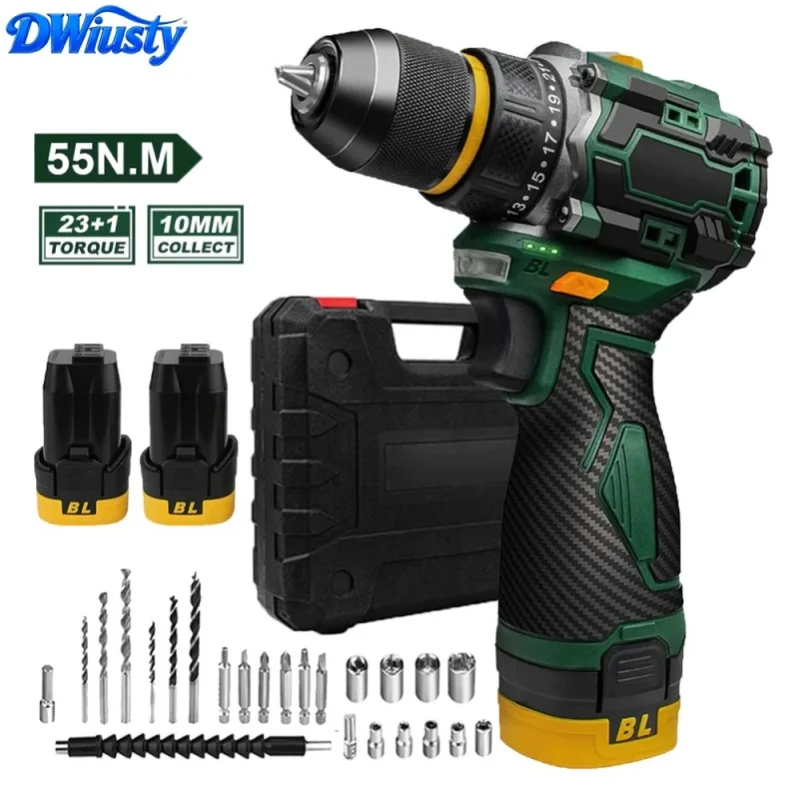 Taladro de impacto eléctrico sin escobillas/con escobillas de 55N.M y 10MM, 23+1 ajustes de torque, con mandril de metal, taladro