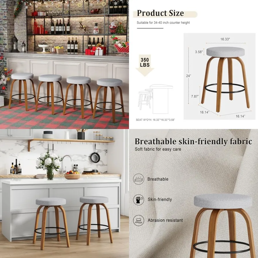 

Swivel Bar Stools Set of 2, 24" Counter Height Backless Bar Stools, Fabric Upholstered Seat, Sturdy Curved Wood Legs, Mid-Centu