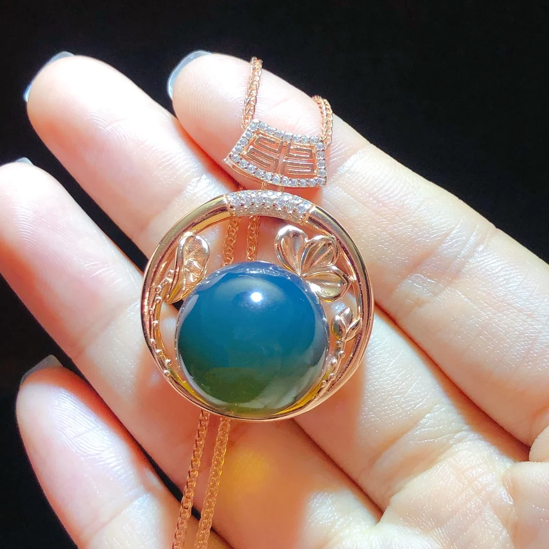 Genuine Sterling Silver Pendant with Natural Mexican Blue Amber 17mm Flower Leaf Design New Chinese Style Jewelry