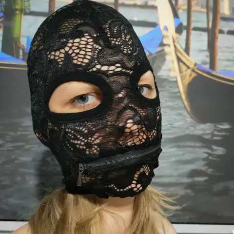 Women Black Lace Cosplay Hood Sheer Floral Lace Full Face Mask Zipper Closure Halloween Masquerade Carnival Costume Accessory