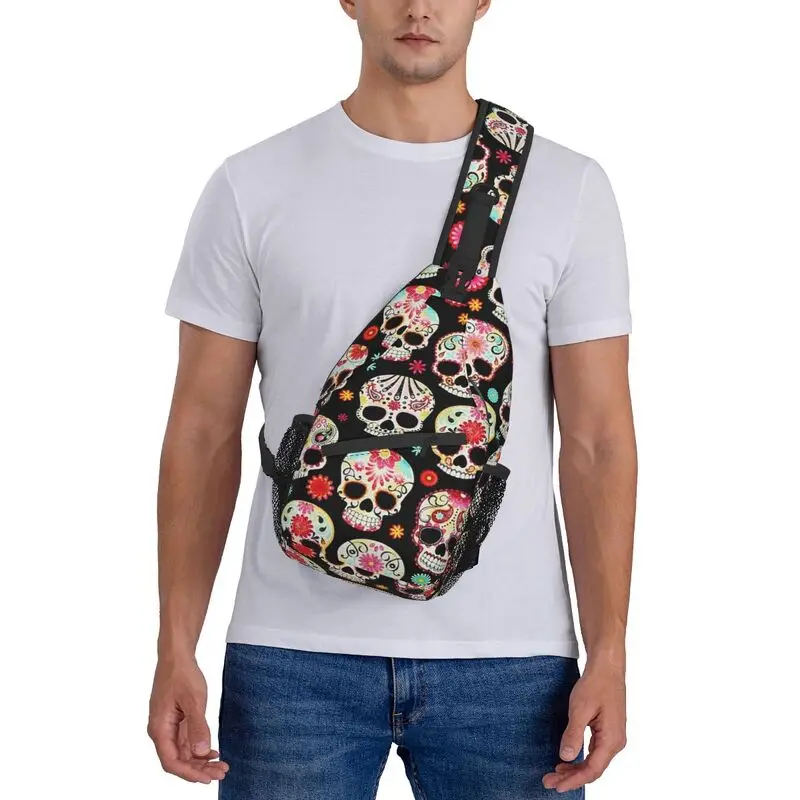 Sugar Skulls Sling Chest Bag Customized Day Of The Dead Shoulder Crossbody Backpack for Men Cycling Camping Daypack