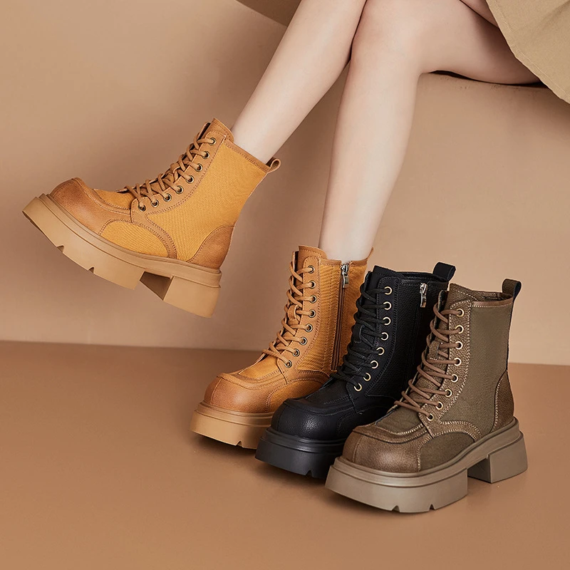 

Women Genuine Leather Ankle Boots 2026 New Round Toe Back Zipper Low Block Heel In Black And Brown For Casual And Daily Wear