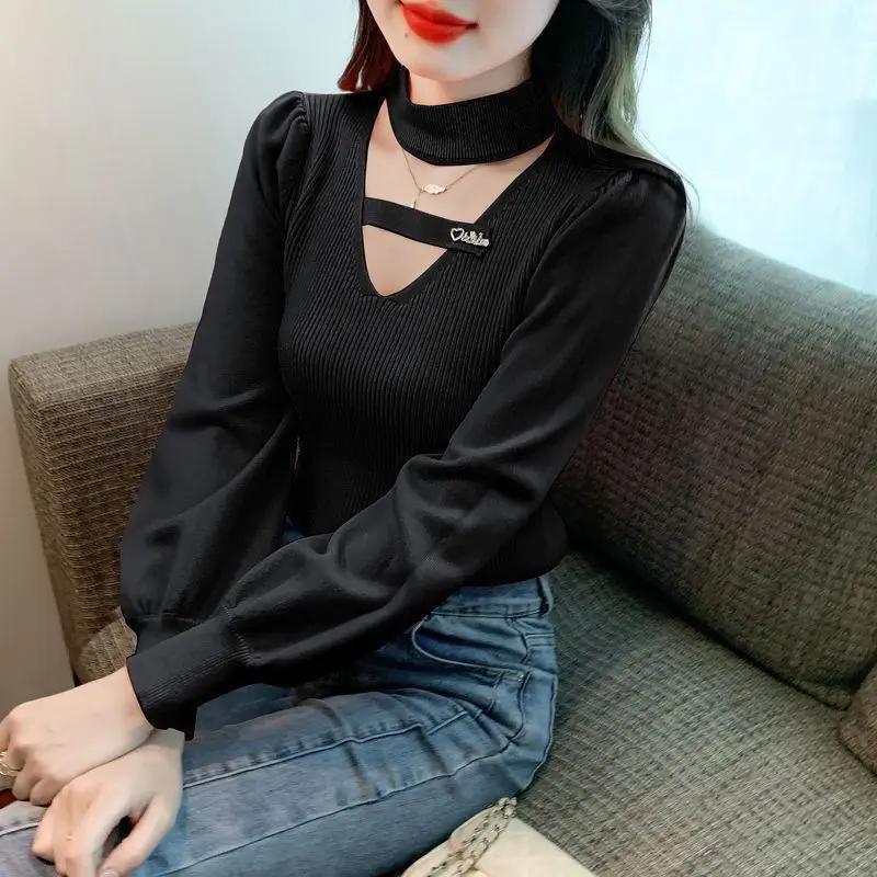 Korean Fashion Autumn Winter Sweaters Women's V-Neck Halter Hollow Out Puff Sleeve Slim Pullovers Bottoming Shirt Knitted Top