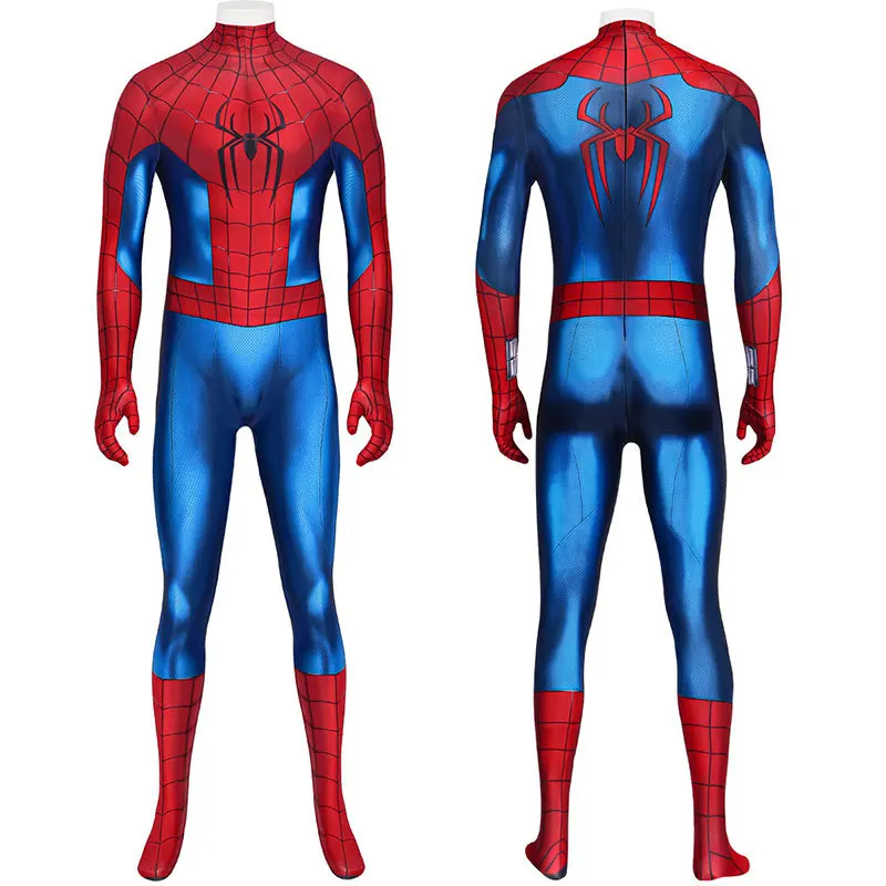 Red Blue Monster Spider Web Print Full Body Zentai Suit 3D Print Cosplay Costume Halloween Bodysuit for Adult Men