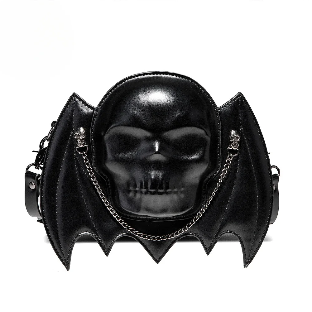 Alternative Fashion Black Skull Shaped Shoulder Bag with Gothic Bat Wing Metal Chain Front Crossbody Bag Purse for Women